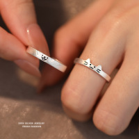 s999纯银猫狗日记情侣戒指个性风可爱叠加对戒开口可调节足银手饰送女朋友老婆情人节七夕生日礼物