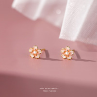 s999足银镶珠粉色樱花耳钉女简约小巧清新甜美设计少女感纯银耳饰送女朋友老婆情人节七夕生日礼物