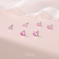 s999纯银爱心粉色锆石耳钉女小巧甜美气质养耳洞百搭足银耳饰批发送女朋友老婆情人节七夕生日礼物