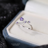 韩版轻奢紫色锆石星星戒指女s925纯银小众百搭小星愿指环可调节送女朋友老婆情人节七夕生日礼物