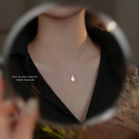 s925纯银水滴玻璃珠项链法式复古简约轻奢时尚小众高级感锁骨链送女朋友老婆情人节七夕生日礼物