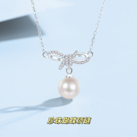 珍珠纯银蝴蝶结项链女S999足银时尚百搭锁骨链镶钻吊坠项饰批发送女朋友老婆情人节七夕生日礼物
