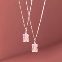 s925纯银粉色小熊项链小众ins风简约百搭甜美毛衣链女秋冬新潮款送女朋友老婆情人节七夕生日礼物