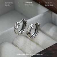 925纯银韩版简约菱格纹耳扣做旧小香风耳环ins网红气质款耳圈女款送女朋友老婆情人节七夕生日礼物