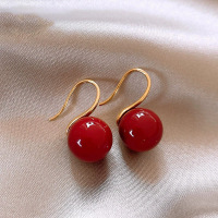 纯银S925红豆耳钉女复古港风气质百搭耳钩酒红色养耳洞纯银耳饰品送女朋友老婆情人节七夕生日礼物