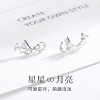 s925森系纯银星月镶钻小耳钉女韩版简约可爱甜美风时尚创意耳饰送女朋友老婆情人节七夕生日礼物