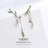 s925纯银复古中国风小众不对称滴釉竹节耳坠女小清新唯美流苏耳饰送女朋友老婆情人节七夕生日礼物
