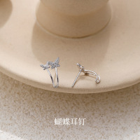 s925纯银两只蝴蝶镶钻耳夹女韩系气质小清新法式小巧可爱耳饰耳钉送女朋友老婆情人节七夕生日礼物