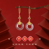 五帝钱平安扣S999足银玉髓耳钩女国潮百搭耳环中国结耳饰新年礼物送女朋友老婆情人节七夕生日礼物