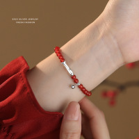 鸿运锦鲤红玛瑙手串女s925纯银新中式时尚弹力绳小鱼手链国风手饰送女朋友老婆情人节七夕生日礼物