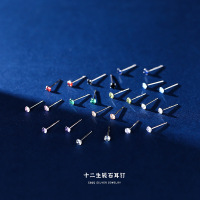 云小舒s925纯银十二生辰石耳钉女简约四爪3mm锆石耳饰潮跨境批发送女朋友老婆情人节七夕生日礼物