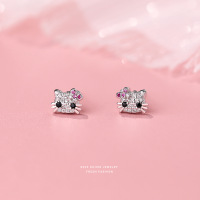 卡通猫咪微镶超闪满钻耳钉女s925纯银可爱百搭小众时尚耳饰代发送女朋友老婆情人节七夕生日礼物