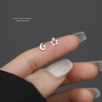s999足银星月锆石耳钉女轻奢小众设计感百搭养耳洞创意不对称耳环送女朋友老婆情人节七夕生日礼物