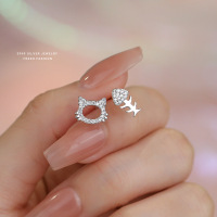 韩版卡通可爱猫咪骨头耳钉女s999纯银百搭不对称足银微镶耳饰创意送女朋友老婆情人节七夕生日礼物