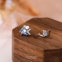 s925纯银美人鱼与海豚彩锆耳钉女轻奢高级感小清新气质不对称耳饰送女朋友老婆情人节七夕生日礼物
