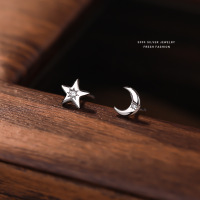 星月耳钉女s999纯银不对称时尚百搭韩版小巧锆石足银学生耳饰批发送女朋友老婆情人节七夕生日礼物