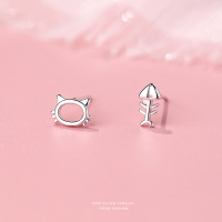 猫咪鱼骨头耳钉女s925纯银可爱不对称耳钉简约小清新个性动物耳饰送女朋友老婆情人节七夕生日礼物