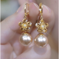轻奢时尚百搭锆石花朵珍珠耳环高级感气质甜美香槟色珠珠耳坠耳饰送女朋友老婆情人节七夕生日礼物