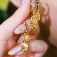 金枝玉叶猫眼石精致叶子耳环时尚新款百搭气质方圆脸显瘦耳扣送女朋友老婆情人节七夕生日礼物