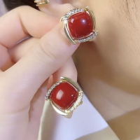 925银针港风复古红色方形耳钉显白气质简约时尚百搭耳环耳扣送女朋友老婆情人节七夕生日礼物