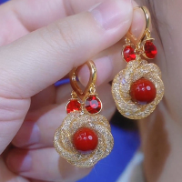 红色水晶珠珠网纱耳环2025年新款轻奢小众高级感耳扣夸张耳饰送女朋友老婆情人节七夕生日礼物