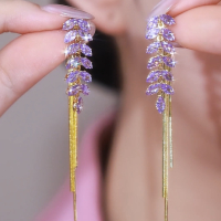 奢华大气紫色水晶耳环轻奢气质长款流苏耳坠小众设计银针耳钉耳饰送女朋友老婆情人节七夕生日礼物