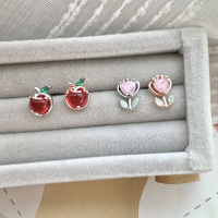 韩国进口饰品桃心花朵彩色锆石春季百搭小巧耳骨钉耳钉粗杆送女朋友老婆情人节七夕生日礼物