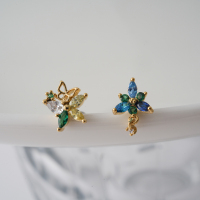 韩国进口耳钉精致镶嵌拼色绿钻花朵小巧耳骨钉旋转圆形拧堵送女朋友老婆情人节七夕生日礼物