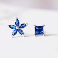 s925银针蓝色水钻花朵耳钉小清新气质方块耳环个性国风不对称耳饰送女朋友老婆情人节七夕生日礼物
