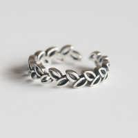 泰银橄榄树叶戒指韩版S925纯银开口戒复古做旧复古叶子食指指环女送女朋友老婆情人节七夕生日礼物