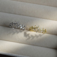 精致小清新S925纯银镶锆石叶子开口戒指指环女树叶金色银饰品女潮送女朋友老婆情人节七夕生日礼物