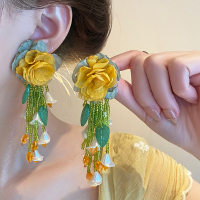 海边度假风雪纺花朵串珠流苏耳环夏天小众设计感夸张耳钉气质耳饰送女朋友老婆情人节七夕生日礼物