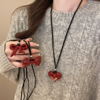 安可拉红蝴蝶结爱心项链女高级感长款黑绳挂脖配饰小众设计毛衣链送女朋友老婆情人节七夕生日礼物
