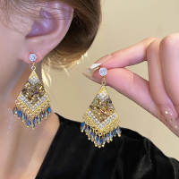 民族风水晶流苏耳环小众波西米亚度假风耳坠高级感独特纯银针耳饰送女朋友老婆情人节七夕生日礼物