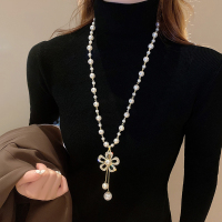 闪钻花朵珍珠长款毛衣链女2024新款轻奢高级感项链小众百搭配饰送女朋友老婆情人节七夕生日礼物