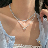 五行补水金纯银天然海蓝宝蝴蝶结项链女款小清新叠戴锁骨链气质送女朋友老婆情人节七夕生日礼物