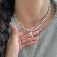 s925纯银施家灰珍珠蝴蝶结吊坠项链轻奢高级感气质百搭毛衣链送女朋友老婆情人节七夕生日礼物