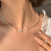 S925纯银蓝色串珠正圆珍珠蝴蝶项链女夏日活泼颈链锁骨链仙气送女朋友老婆情人节七夕生日礼物