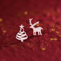圣诞树麋鹿手工拉丝纯银耳钉女耳环耳饰创意2025新款潮网红送女朋友老婆情人节七夕生日礼物