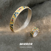 999纯银描金蝴蝶手镯戒指女手环手饰时尚重约34g BCS4038+BCJ3254送女朋友老婆情人节七夕生日礼物