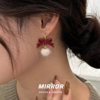 925纯银安可拉红蝴蝶结毛球耳钉银针女耳环耳饰个性气质潮送女朋友老婆情人节七夕生日礼物