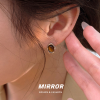 925纯银黑玛瑙虎眼石椭圆耳钉银针女耳环耳饰简约气质新款送女朋友老婆情人节七夕生日礼物