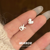 999纯银OK鸭不对称耳钉女耳环耳饰创意个性时尚小众设计潮送女朋友老婆情人节七夕生日礼物