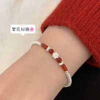 s925纯银天然红玛瑙花朵盘缠手链女高级感碎银子手串时尚气质送女朋友老婆情人节七夕生日礼物
