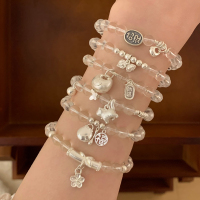 天然白水晶手串纯银福牌吊坠叠戴手链学生党高颜值配饰女时尚送女朋友老婆情人节七夕生日礼物