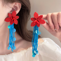 海边度假街拍长款串珠花朵耳环女2025新款夸张流苏耳钉高级感耳饰送女朋友老婆情人节七夕生日礼物