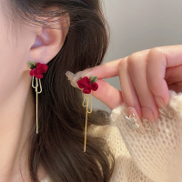 山茶花长款红色丝绒流苏耳钉女秋冬轻奢高级感银针耳环气质耳饰品送女朋友老婆情人节七夕生日礼物