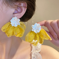 银针网纱黄色花朵耳钉轻奢高级感甜美气质耳环2025新款耳饰女送女朋友老婆情人节七夕生日礼物