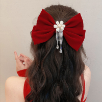 高端红色丝绒大蝴蝶结发夹顶夹女2023新款后脑勺弹簧夹发卡头饰送女朋友老婆情人节七夕生日礼物