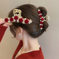 新年红色玫瑰发夹女2023新款后脑勺盘发抓夹大号鲨鱼夹高级感头饰送女朋友老婆情人节七夕生日礼物